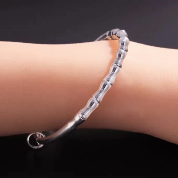 Sterling Silver Bamboo Adjustable Resizable Bangle Bracelet - Picture 2 of 6